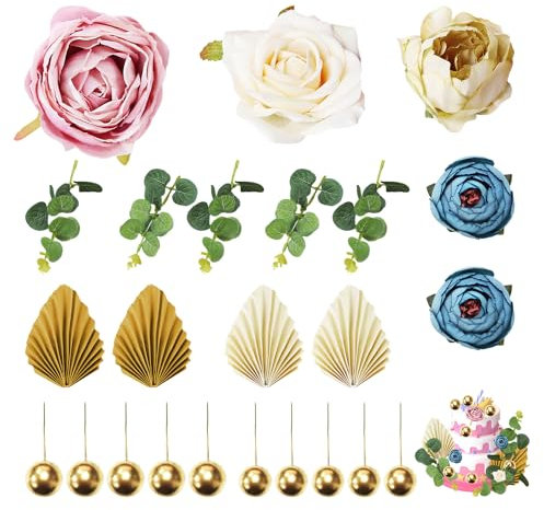 24 Pieces Set of Cake Decorations, Decorative Simulation Flowers, Vintage Cake Decorations, Cake Ball Accessories, Folding Fan Inserts, Creative Dessert Decorations, Birthday Cake Inserts