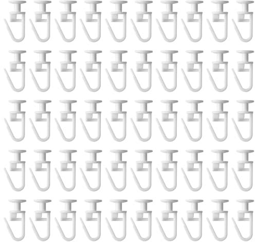 Plastic White Curtain Hooks - 50 Pcs Track Gliders for Caravan, Ceiling & Shower Curtains