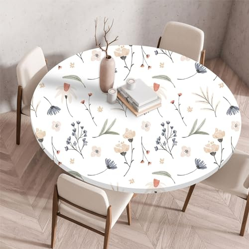 Highdi 3D Mantel Redondo con Bordes Elástica, Manteles Impermeables Antimanchas Lavable para Decoración Hogar Comedor Cumpleaños Jardín (130cm,Follaje de Flores)