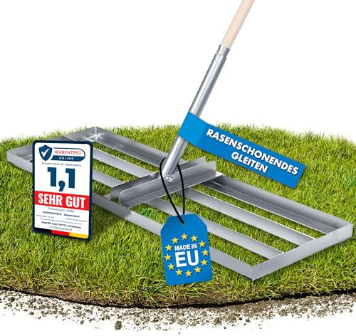 Schwanfeld® [100 x 30 cm] Raclette à gazon [Durable et robuste] – Avec manche en bois FSC de 1,1 m – Râteau à gazon en métal allié de qualité supérieure – Raclette pour un entretien parfait de la