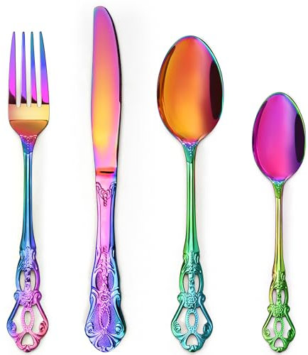Royal Rainbow Cutlery Set, MAIENSI 16 Piece Cutlery Set Flatware Set for 4 People Palace Style Mirror Polished Dishwasher Safe Knife Fork Spoon Cutlery for Home Banquet Catering