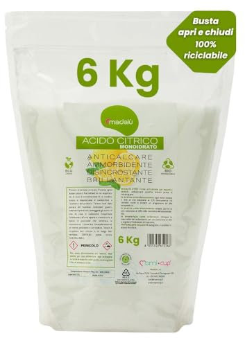 Acido Citrico per Pulizia in Polvere (6 Kg) Cura Lavastoviglie e Lavatrice, Azione Disincrostante e Anticalcare per Bagno, Cassetta WC, Ammorbidente Lavatrice, per Pulizie Naturali
