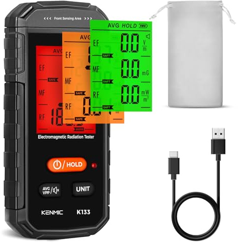 KENMIC Détecteur EMF, 3-en-1 Compteur EMF pour EF/RF/MF/Signal WiFi, Détecteur de Rayonnement de Champ Électromagnétique Portable Inspections EMF pour Maison, Bureau et Chasse aux Fantômes