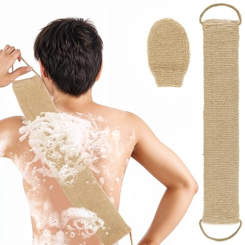 Ptwola Exfoliating Back Scrubber Band & Glove, Natural Shower Bath Towel Strap with Mitt, Durable Body Wash Deep Cleaning Brush Loofah with Handle Dead Skin Removal for Men Women