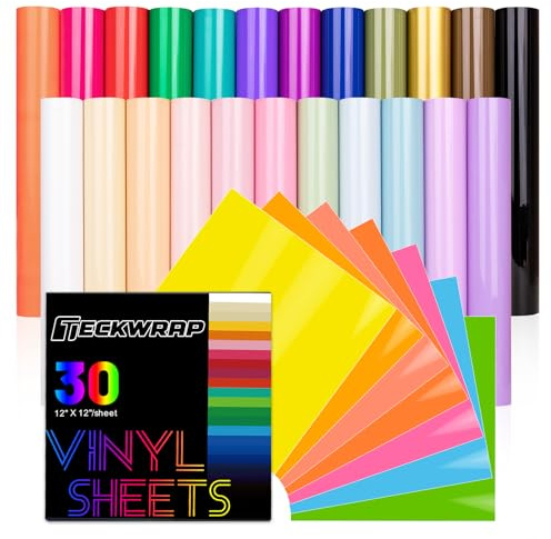 TECKWRAP Permanent Vinyl Bundle 30Pack Adhesive Vinyl Sheets 12in x 12in Glossy Rainbow Colour Craft Vinyl for Mug, Cup, Window & Home Deco and Other DIY Projects