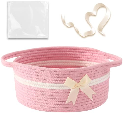 HomeyPine Empty Gift Bowknot Basket with Bow and Ribbons and Gift Bags, Decorative Baby Gift Basket Empty Small Woven Rope Basket Cat Dog Toys Basket with Handles, Pink