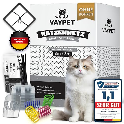 VAYPET® Rete per Gatti Balcone [8x3m] - Inclusi Ganci Adesivi e Colla Siliconica Senza Forare | Rete Protezione Anticaduta Rinforzata con Filo Metallico | per Finestra, Terrazzo e Ringhiera