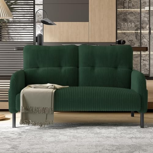 KOMHTOM Petit Canapé 2 Places en Velours Côtelé avec Dossier Haut Confortable, 4 Poches et Pieds en Métal - Canapé d'angle Moderne pour Salon, Chambre à Coucher et Bureau (Vert - 2 Places)