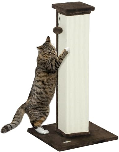 PawHut Griffoir pour Chat 81 cm Arbre à Chat en sisal et Peluche, Poteau griffoir avec Boule Suspendue Base Stable, grattoir à Design Moderne 41 x 41 x 81 cm, Marron et crème