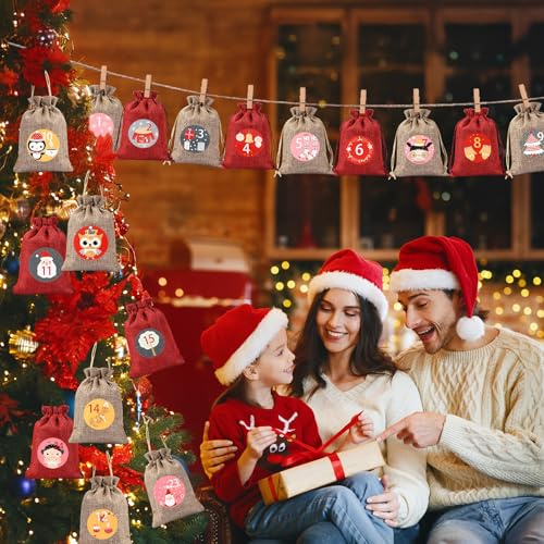24 pièces de calendriers de l'Avent à remplir, ensemble de calendriers de l'Avent DIY panemy 2025, 2025, 24 sacs en tissu à remplir soi-même avec pinces en bois, ficelle et autocollants pour enfants