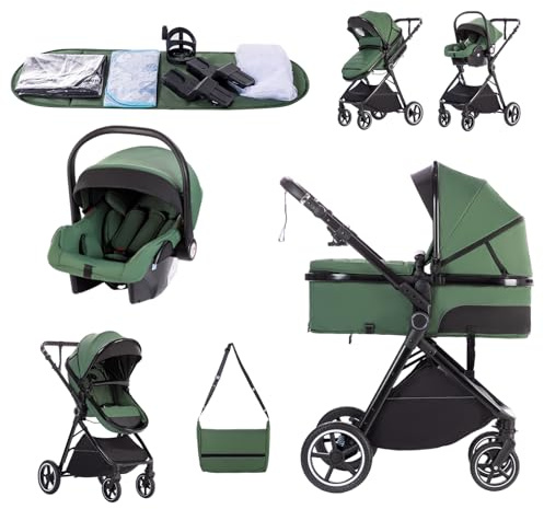 Zkiprm Carrito de Bebe 3 en 1, Conjunto Plegable Portátil con un solo Toque Carrito Bebe, Con Asiento y Reclinable Silla de Paseo, Incluye mosquitera, funda para la lluvia, portavasos, bolsa,0 a 3 año