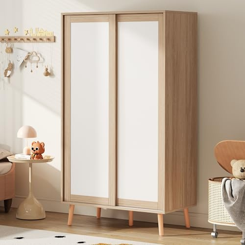 Generisch Armario juvenil con puertas correderas con barra para colgar, material de aglomerado, patas de madera maciza, blanco+madera natural, 80 × 46 × 141,5 cm