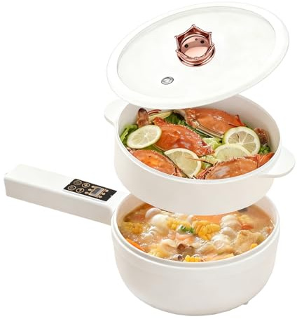 Ciotola elettrica Hot Pot con vaporiera, Hot Pot elettrico da 1,6 L, Mini multicooker antiaderente, Mini padella elettrica antiaderente, Funzione di pianificazione temporale, Rapido bollitore Ramen