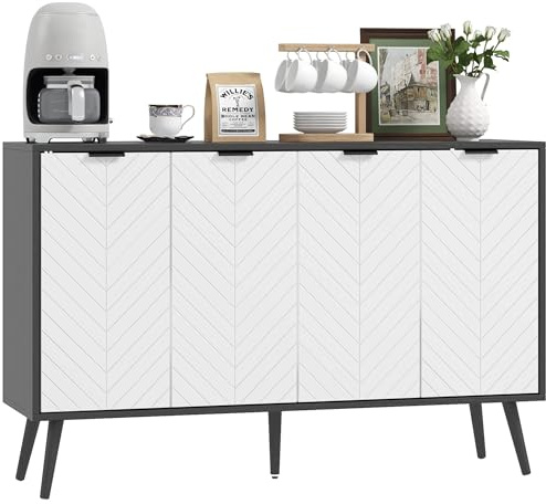 HOMCOM Aparador de 4 Puertas, Aparador de Salón con Estantes Ajustables, Patas de Madera, Puertas con Patrón de Espiga, para Cocina, Entrada, Dormitorio, Blanco y Negro, 120x35x77,4 cm