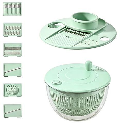 ADEMOKE Centrifugador de ensalada con tapa, ensalad spinner multifuncional con 6 cortadores de cuchillas, tabla de cortar, ideal para lavar, secar y cortar verduras y frutas, separador de yemas de