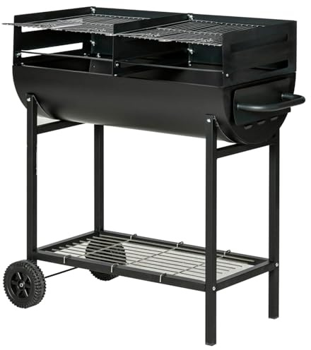 Barbecue A Carbone Con 2 Griglie Regolabili BBQ In Acciaio Resistente Con Ruote E Ripiano Portaoggetti Ideale Per Giardino Terrazzo E Grigliate All Aperto 90 x 45 x 96 Cm Nero