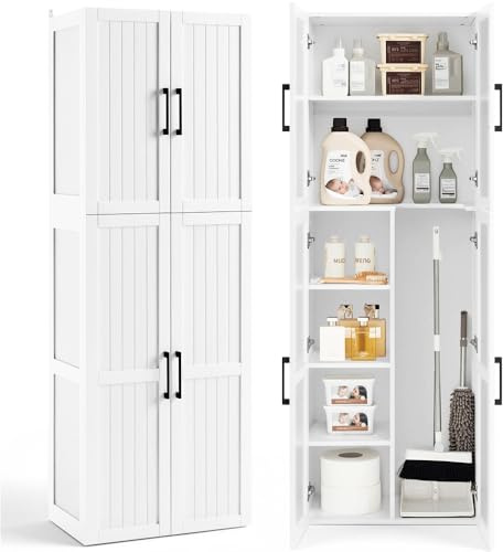 Yaheetech 175,5 cm H Besenschrank, Mehrzweckschrank mit 4 Türen, 37,5 cm Vertiefung Vorratsschrank, Schlanker Aufbewahrungsschrank mit Staubsaugerfach, Weiß