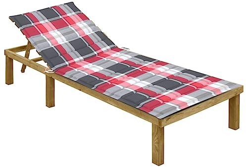 QJBSAVVA Lettino da giardino in legno di pino con motivo a quadri rossi, regolabile, per giardino, terrazza, balcone, sdraio in legno con imbottitura, 200 x 70 cm, impregnato
