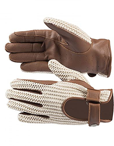 HORZE Gehäkelte Reithandschuhe Aus Leder, Atmungsaktiv, Verstellbarer Lederriemen, Größe 4.5-10, Braun/Beige, Schwarz/Weiß, Braun, 6