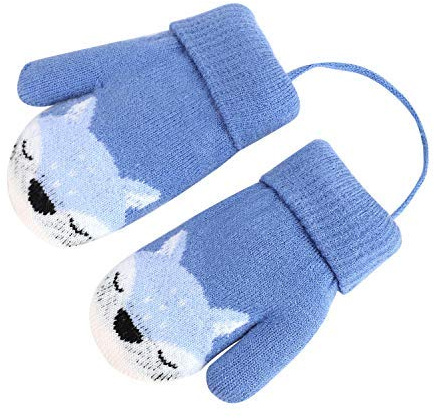 Bébé Bambin Moufles Hiver Chaud Gants Tricoté Epais Magique Mitaines Tricot Renard Mignon avec Doublure Fourrure Gloves Extérieur Ski Snowboard Moufles à Accrocher au Cou pour Garçons Filles 1-3 Ans