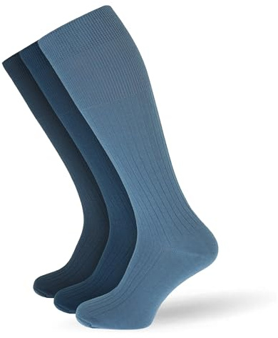Socksmad Men's Non Elastic 100% Cotton Socks - 3 Pair, Sizes UK 6-11, Black/Navy/Grey, Knee High Diabetic Friendly, Smooth Toe Seam, Lightweight & Breathable - Gentle Stay-Up Fit - Designed in England