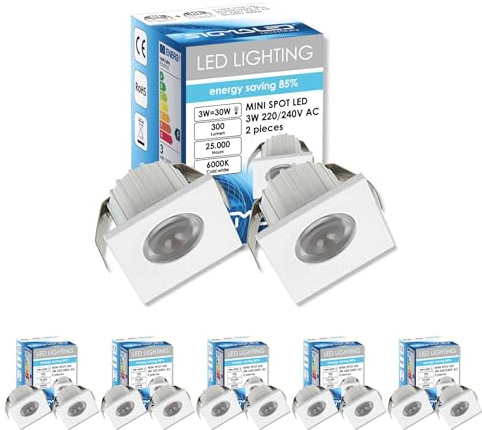 SIGMALED LIGHTING, MINI FOCO LED 3W, Dimmable, 300lumen, Luz Fría 6000K, Spot empotrable CUADRADO, 220V/240V, Driver NO NECESARIO, 35x35x25mm, 10 Focos