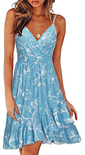 ULTRANICE Women's Summer Floral Wrap V Neck Sundress Adjustable Spaghetti Ruffle Swing Dress