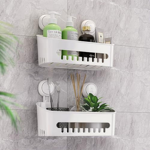 TAILI Shower Caddy Suction Cup 2 Pack Heavy Duty Bathroom Shower Organizer Removable Shelves for Inside Shampoo Wall Mounted Plastic Storage for Bathroom Accessories, White