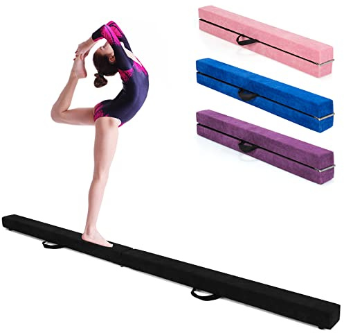 GOPLUS Poutre Gymnastique Pliable 210cm, Poutre Gymnastique avec Patins Antidérapants, Surface Suède, Entraînement de Gymnastique pour Enfants et Adultes, Gain d’Espace (Rose) (Noir, 210 Longueur)