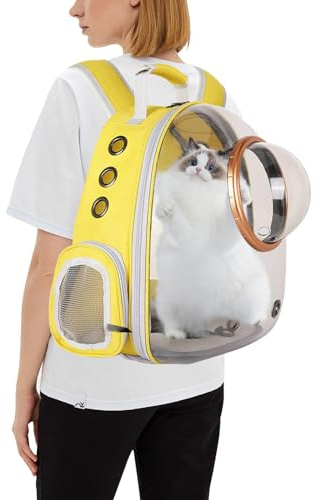 PETCUTE Zaino per Gatti e Cani di Piccola Taglia con Capsula,Zaino Trasportino per Gatti con Guinzaglio di Sicurezza Interno e Tappetino Rimovibile,per Viaggi, Escursioni,Giallo