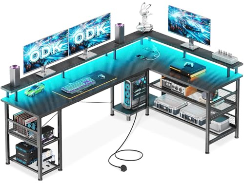 ODK L Shaped Gaming Desk with LED Lights & Power Outlets, 168×120cm Reversible Corner Desk with Storage Shelves, Computer Desks with Monitor Stand, Carbon Fiber Black