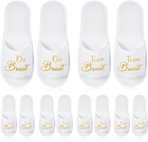 SATINIOR 6 Paar JGA Schlappen für Hochzeit Die Braut und Team Braut JGA Schuhe Zehenfreie Spa Einheitsgröße Pantoffeln zur Hochzeit Geschenke Brautjungfern Jungesellinenabschied(Gold)