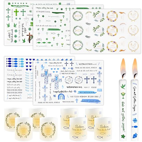 Meetory 5 Stück Kommunion Kerzen Tattoo, 8 Stück Windlicht Tischdeko mit Kerzentattoos Kommunion, Wasserschiebefolie Kerzen KommunionDeko für DIY Geschenk Taufe Konfirmation Deko