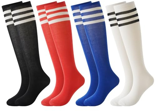 BONANGEL 4 Pairs Kids Football Socks Boys Girls 3-6 6-8 9-12 Years | Knee High School Socks Black White Athletic Long Sleeves Cotton Sports Soccer Training Socks for Junior