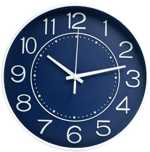 Wall Clock 12inch Silent Non Ticking Clock Round Wall Decor，Wall Clocks | for Living Room Kitchen Office (Navy Blue)