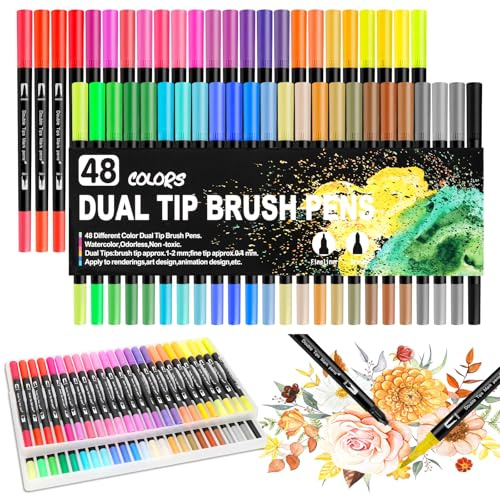 Libershine Dual Brush Pen Set de 48 rotuladores de doble fibra,Juego de rotuladores con pincel para acuarela,lápices de colorear para niños y adultos,punta fina para acuarelas, lettering a mano