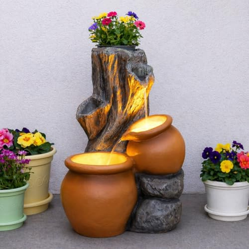 Festive Lights – 53.5cm Garden Water Feature, Rustic Tree Trunk Outdoor Fountain with Planter, Solar, USB & Mains Powered, Polyresin, LED Light, Timer, External Panel