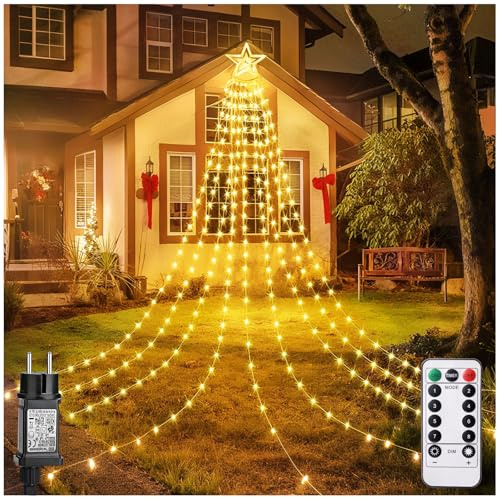 Luces Navidad Exterior, Luces Arbol Navidad, Cascada de 344 LED, 3,6 m x 9 Cuerdas, 30cm Estrellas Grandes, Control Remoto, 8 Modos, Impermeable, Para Árboles, Balcones, Paredes Exteriores, Cortina