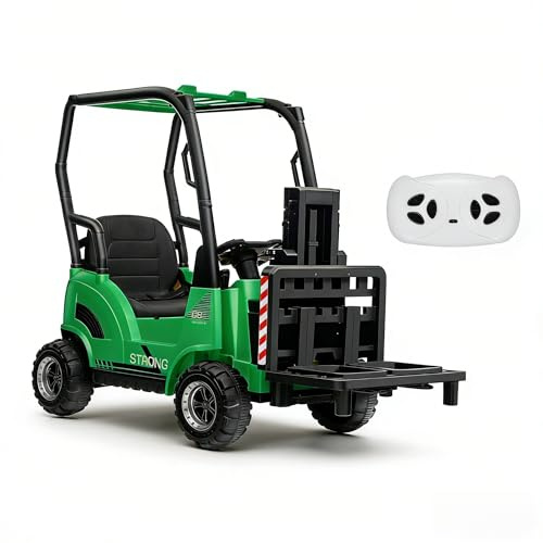 ZoomBuggy Carretilla elevadora eléctrica para niños de 12 V, con horquilla y paleta, mando a distancia para padres, música, USB, MP3, velocidad alta/baja, coche eléctrico seguro para mayores de 3 años
