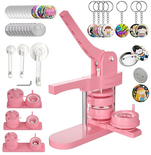 Pin Maker, Button Maker Machine Multiple Sizes (1+1.25+2.25'') with 300 Buttons, 30 Fridge Magnets, 10 Bottle Openers, 10 Keychains, 3 Circle Cutters, Button Badge Makers (353 Pcs, Pink)