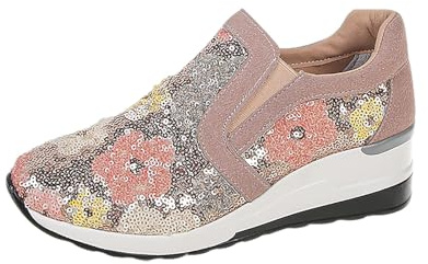 Kvinnors vardagliga kilsneakers glittrande paljettplattform modeskor, Rosa, 39.5 EU | Gnistrande paljett kil sneakers dold plattform slip-on mode träningsskor för kvinnor daglig avslappnad stil
