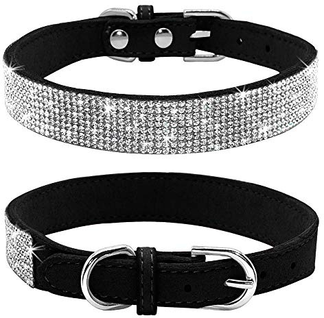 Haoyueer Rhinestone Dog Collar, Cute Dazzling Sparkling Soft Suede Leather Dog Cat Rhinestone Collar Crystal Diamond Pet Dog Puppy Collar(Black,M fit Neck 32-38 cm)