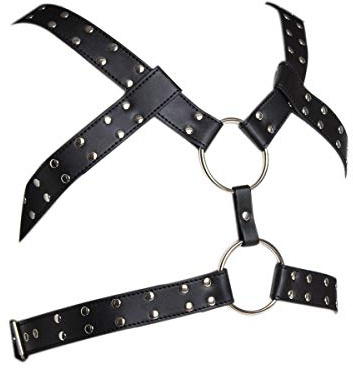 HOT DREAM Men's Leather Body Chest Harness Belt Punk Cage Belt Buckle Ring Adjustable (Black 150)
