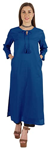 Moomaya Solid Long Kurti For Women Cotton Tunic 3/4 Sleeve Ethnic Formal Kurta w/Pockets Royal Blue