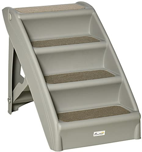 PawHut Four-Step Foldable Pet Stairs w/Non-Slip Mats, for S, XS Dogs - Grey