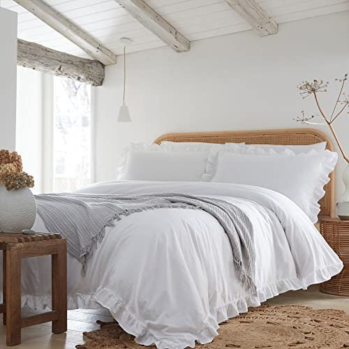 Appletree White Frill Duvet Cover – Single Size 140x200cm – Soft 100% Cotton Bedding – 1 Pillowcase – Ruffle Edge – Elegant White Bed Linen – Frilly Duvet Set – Romantic Shabby Chic Style