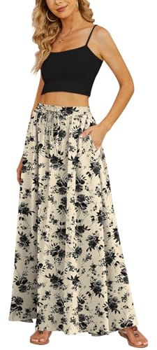 Yincro Women's Flowy Maxi Skirt Summer Pleated High Waisted Casual Long Skirts with Pockets (Black Flower Light Beige, XL)