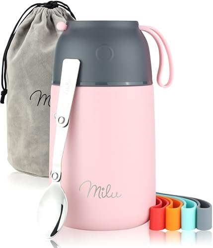 Milu® Thermobehälter für Essen 650ml, Edelstahl Warmhaltebehälter mit Löffel, Thermobecher Essen, Thermo Lunchbox für Kinder, Erwachsene, Thermobox Suppen, Babybrei, Speisebehälter Rosa, 800ml