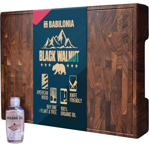 American Black Walnut Cutting Board - 15.7 x 10.2 Inch (ExtraThick 1.7) Hardwood Butcher Block, Charcuterie, Heavy Duty End Grain Wood Chopping Board with Juice Groove & Handle (Oil & Plate Included)