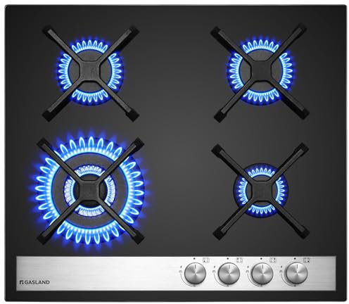 GASLAND GH6604BG1FC Plaque de cuisson à gaz en verre, 4 feux, plaque de cuisson encastrable avec brûleur Wok, 60 cm en verre noir, cuisinière à gaz butane 8000 watts, compatible LPG/Gaz naturel